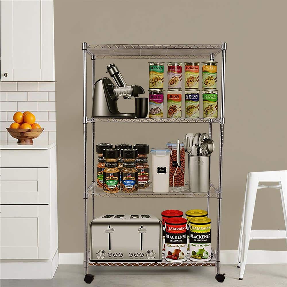 Silver 4-Tier Adjustable Steel Wire Shelving Unit with Wheels