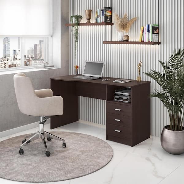 TECHNI MOBILI - 51.25 in. Rectangular Wenge 3 Drawer Computer Desk with Built-In Storage