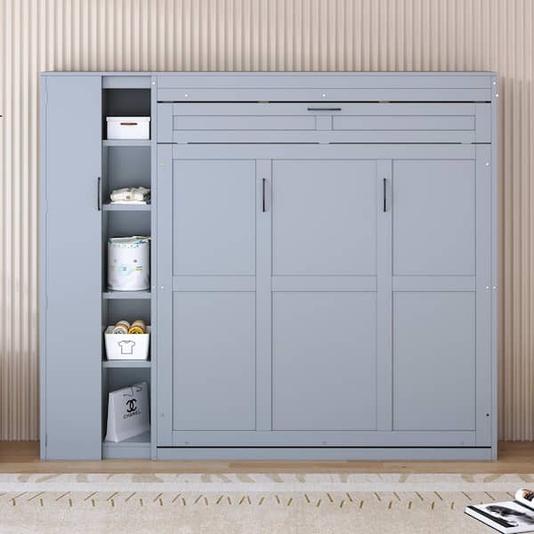 Gray Wood Frame Queen Size Murphy Bed with Shelves, Wardrobe and Led Lights