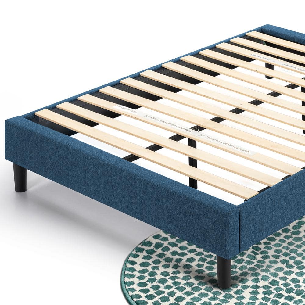 Navy Upholstered Queen Platform Bed Frame with Slats