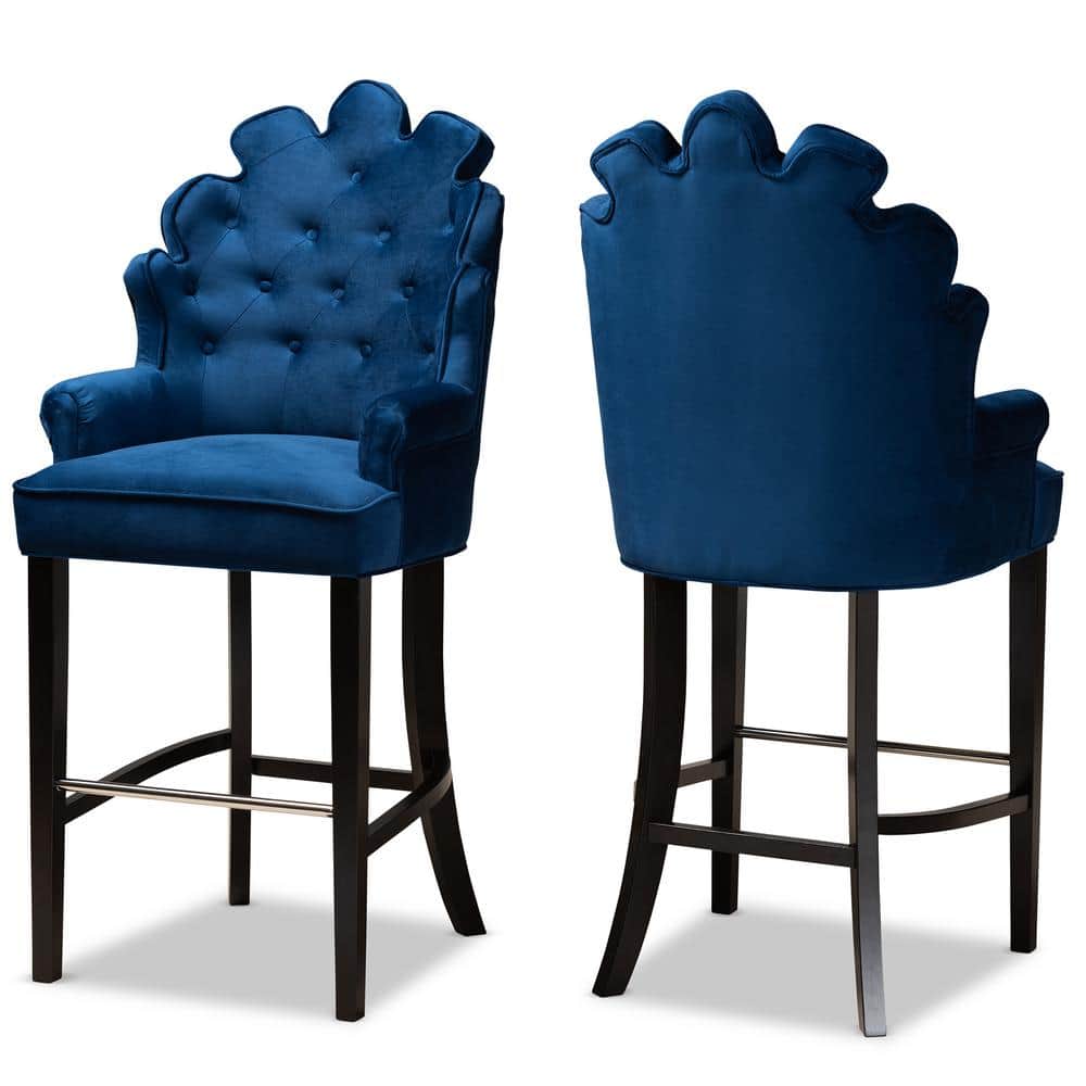 Chloe Adjustable Navy Blue Velvet and Dark Brown Wood Bar Stool