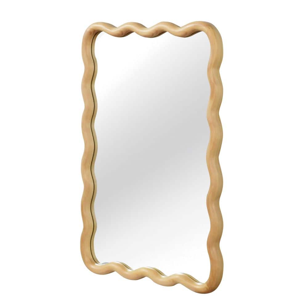 20 in.W x 30 in.H Oak Wavy-Edged Rectangle Mirror, Solid Wood Frame Wall-Mounted Decorative Mirror