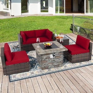 6 -Piece Wicker Patio Conversation Set 34.5 in. Fire Pit Table with Cover Red Cushions