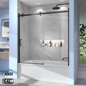 56- 60 in. W x 58 in. H Sliding Frameless Tub Door in Matte Black with 3/8 in. Tempered Clear Glass