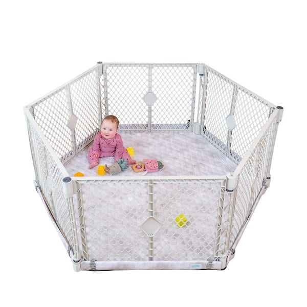 Superyard Nook, 6-Panel Light Gray Playard with Clouds SecureMat Playmat