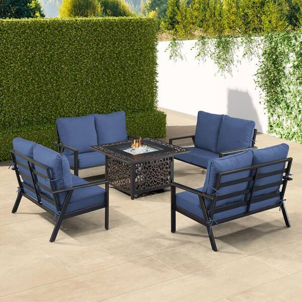 Oakland Living Black 5-Piece Aluminum Patio Fire Table Set with Blue Cushions