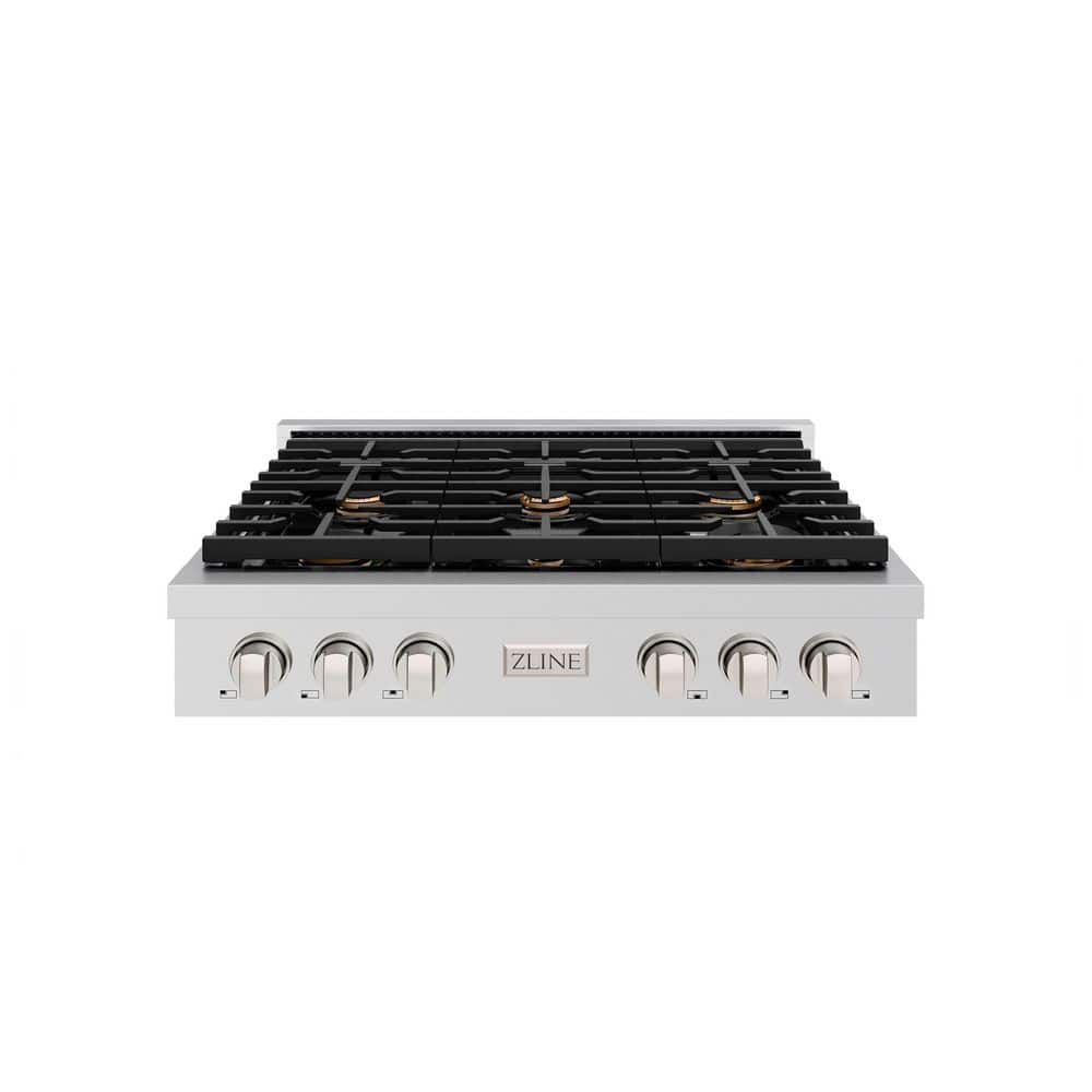 Paramount 36 in. 6-Burner Porcelain Cooktop with Brass Burners in Stainless Steel
