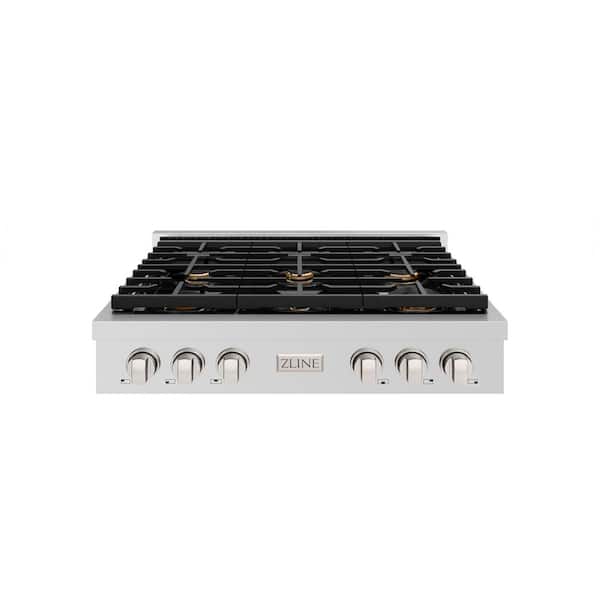 Paramount 36 in. 6-Burner Porcelain Cooktop with Brass Burners in Stainless Steel