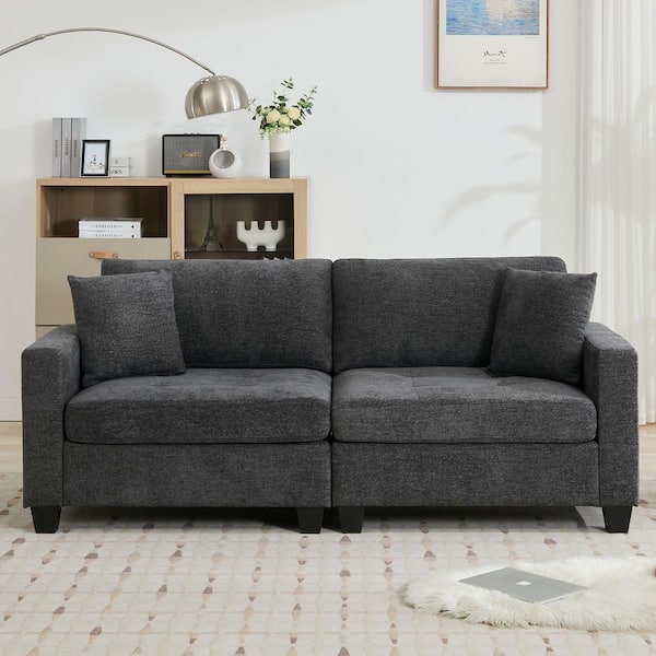 JEAREY Modern 81.89 in. Width Chenille Dark Gray Tufted Loveseat Sofa Couches with 2-Pillows