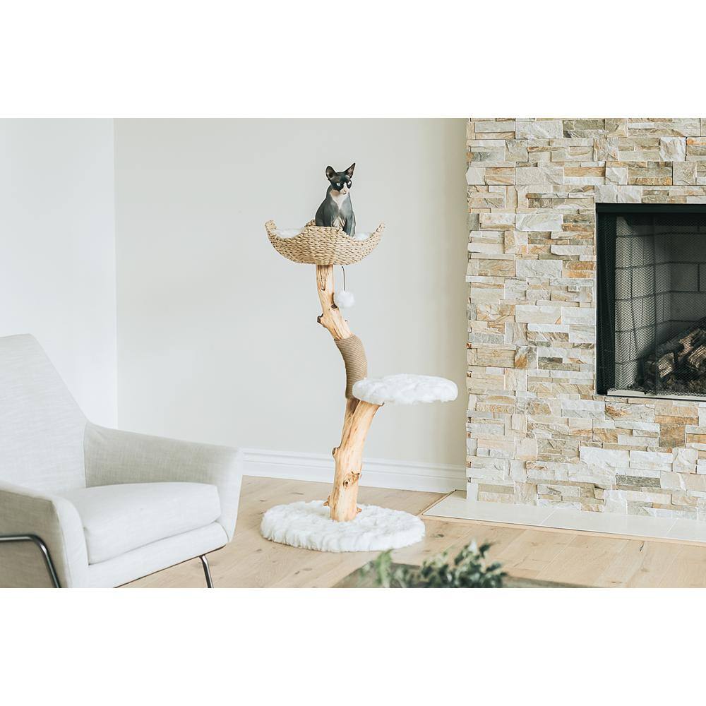 Alpine White Wooden Cat Tree with Wicker Basket