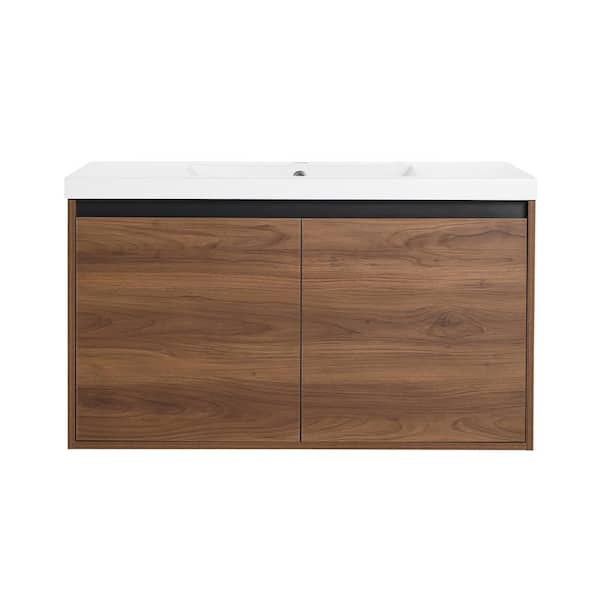 Boosicavelly 35.43 in in. W 18.11 in. D 20.47 in. H Single Sink Wall Mounted Bath Vanity in Brown with White Resin Top