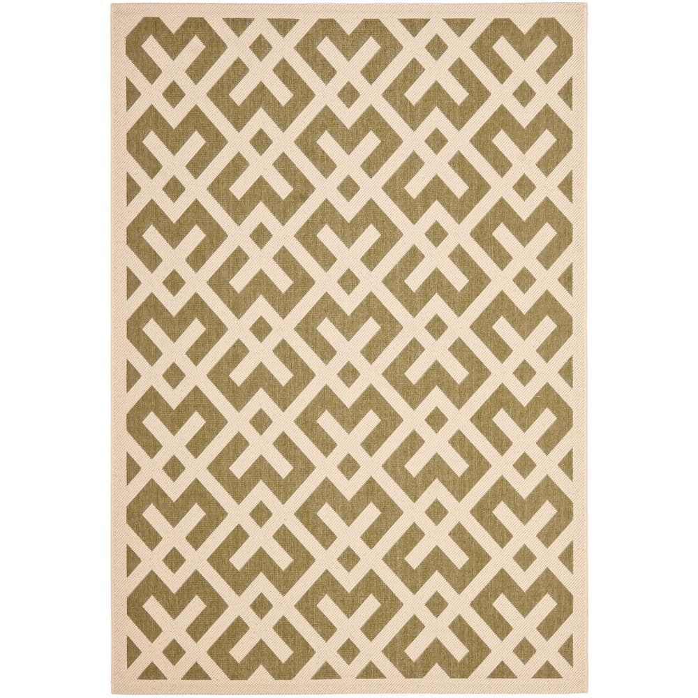 Green and Bone Geometric Synthetic Outdoor Area Rug