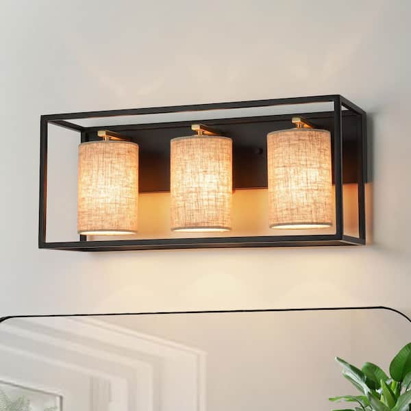 Haven 3-Light 20.1 in. W Black Modern Vanity Light with Brass Accents and Linen Fabric Shade for Bathroom or Vanity