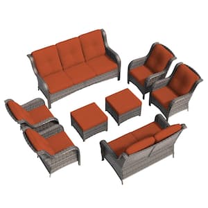 8-Piece Wicker Patio Conversation Set Yard Garden Porch with Orange Cushions