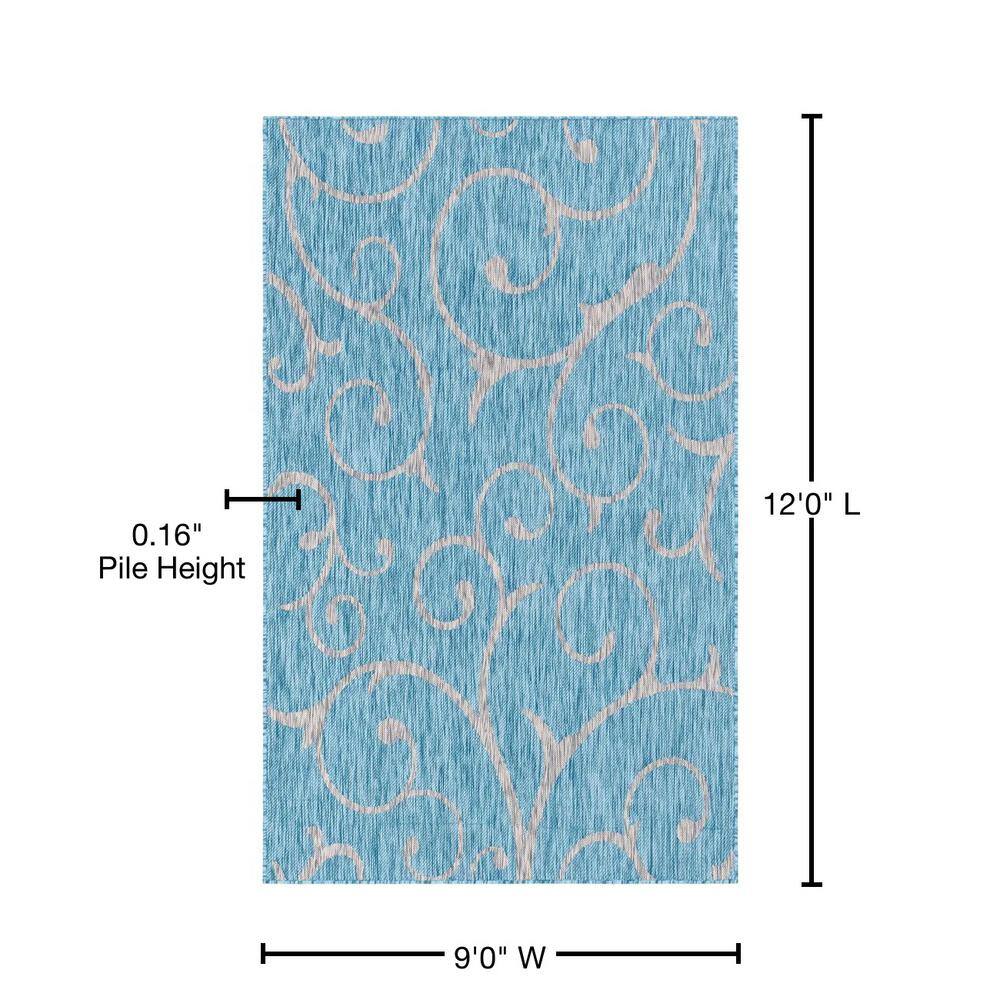 Aqua Blue 9' x 12' Abstract Synthetic Outdoor Rug