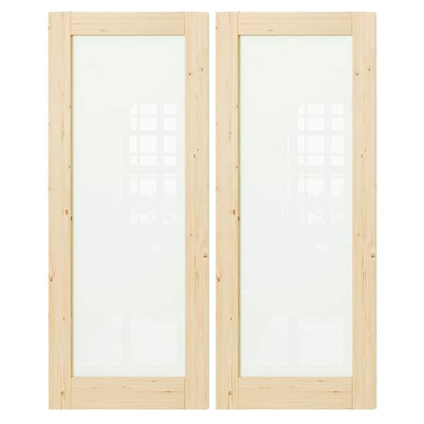TENONER 64 in. x 80 in. Pine Wood Color, No Bore, Full Lite, Frosted Glass Light Brown Finished MDF Wood Interior Door Slab