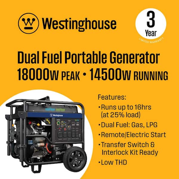 18,000/14,500-Watt Dual Fuel Gas and Propane Portable Generator with Remote Electric Start, Low THD, and 50 Amp Outlet