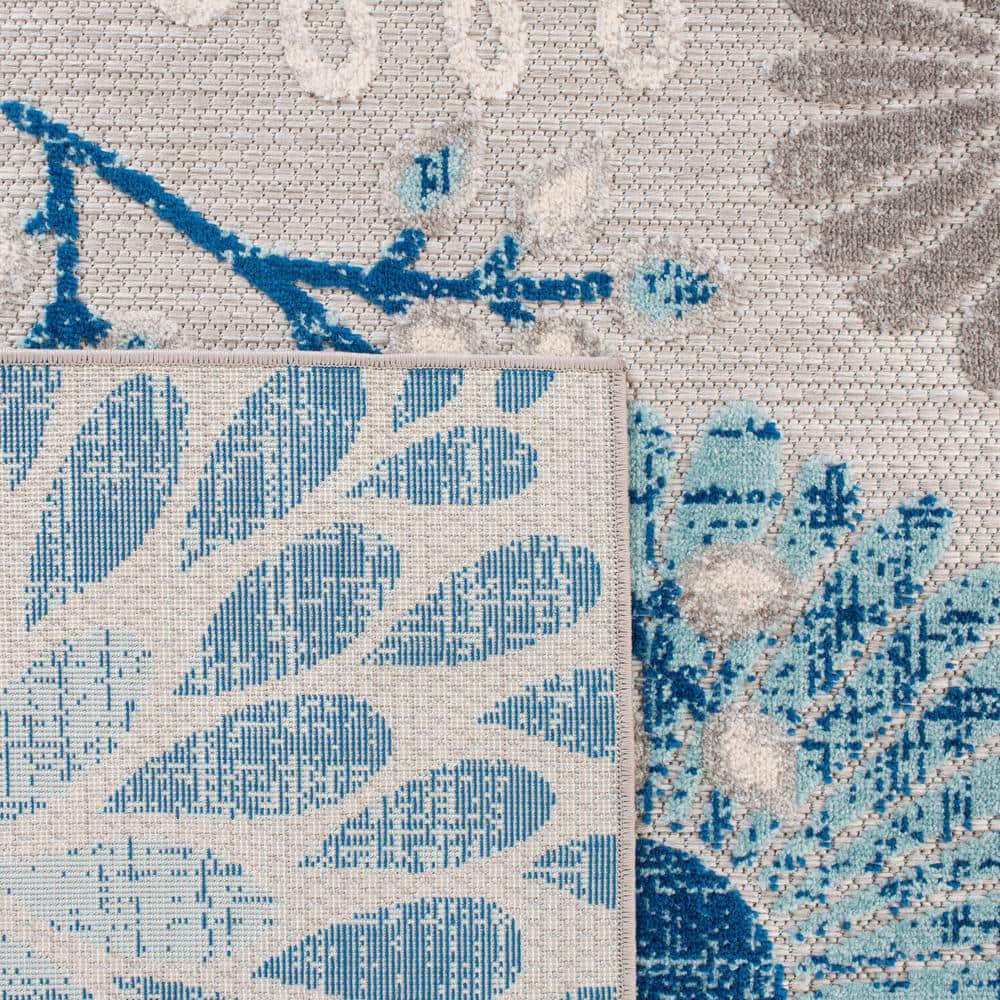 Gray and Blue Floral Synthetic Indoor/Outdoor Rug 3' x 5'