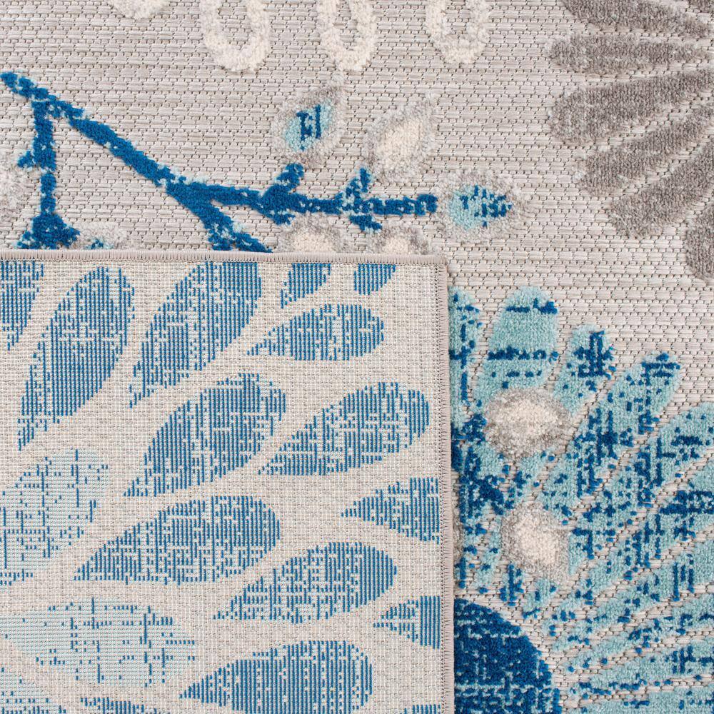 Grey and Blue Floral Synthetic 59" Square Easy-Care Rug