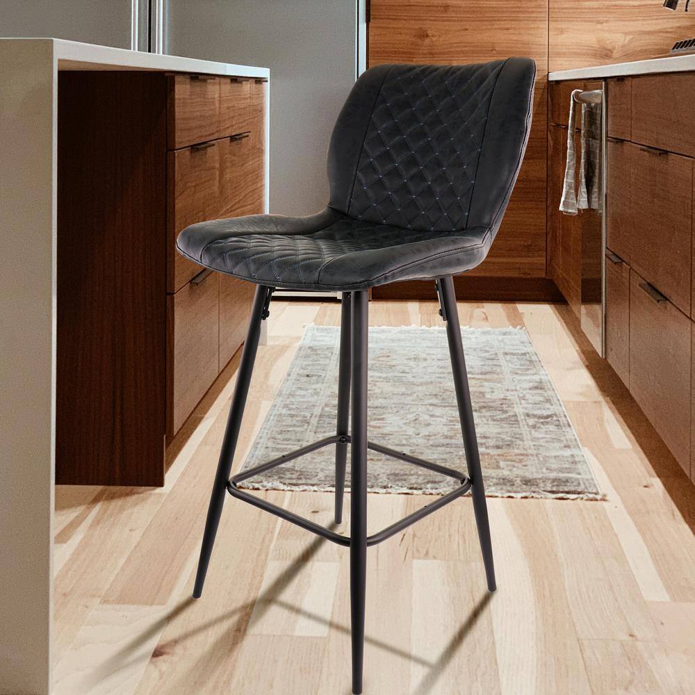 Diamond Stitched Black Faux Leather Bar Stools with Metal Legs
