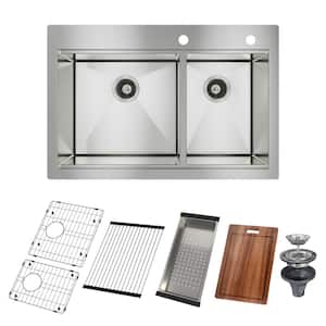 Handmade All-in-One Topmount Drop-in Stainless Steel 33 in. x 22 in. Double Bowl Kitchen Sink