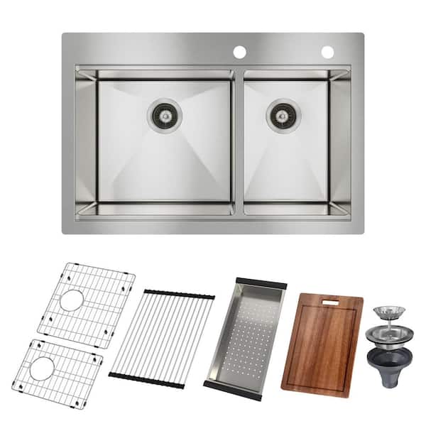 CASAINC Handmade All-in-One Topmount Drop-in Stainless Steel 33 in. x 22 in. Double Bowl Kitchen Sink