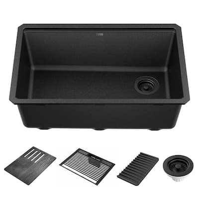 Everest Metallic Black Granite Composite 29 in. Single Bowl Undermount Workstation Kitchen Sink with Accessories