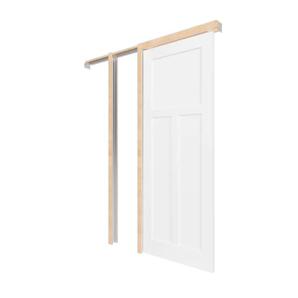 TENONER 30 in. x 80 in. T Shaped, 3-Panel MDF Primed, Can be Painted Pre-Finished Door Panel Pocket Door Frame with All Hardware