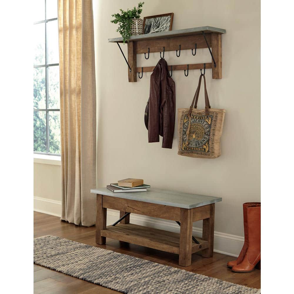 Modern Industrial Zinc and Wood 47" Bench with Storage Shelf