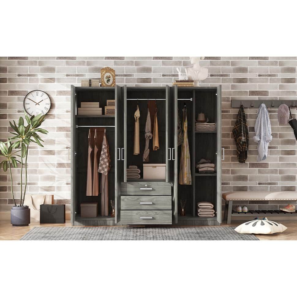 White Wood 70.9 in. 6-Door Wardrobe Armoire with 3-Drawers, 5-Storage Shelves and 3-Hanging Rails - thumbnail 4