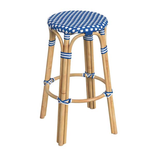 Butler Specialty Company Tobias 30 in. Blue and White Dot Backless Round Rattan Bar Stool