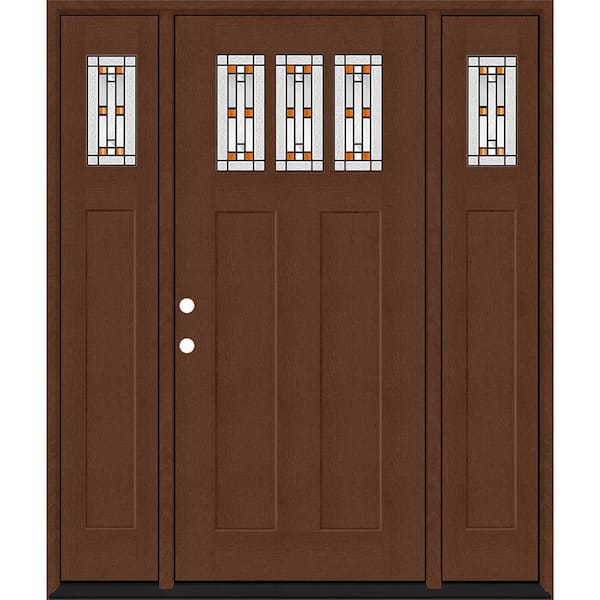 Regency 64 in. x 80 in. 3Lite Amberton Deco Glass RHIS Chestnut Stain Fir Fiberglass Prehung Front Door w/Dbl 12in.SL