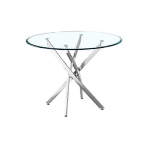 39 in. Round Sliver Dining Table with 4-Chrome Leg Metal Base Frame and Clear Tempered Glass Top for Dining Room Kitchen