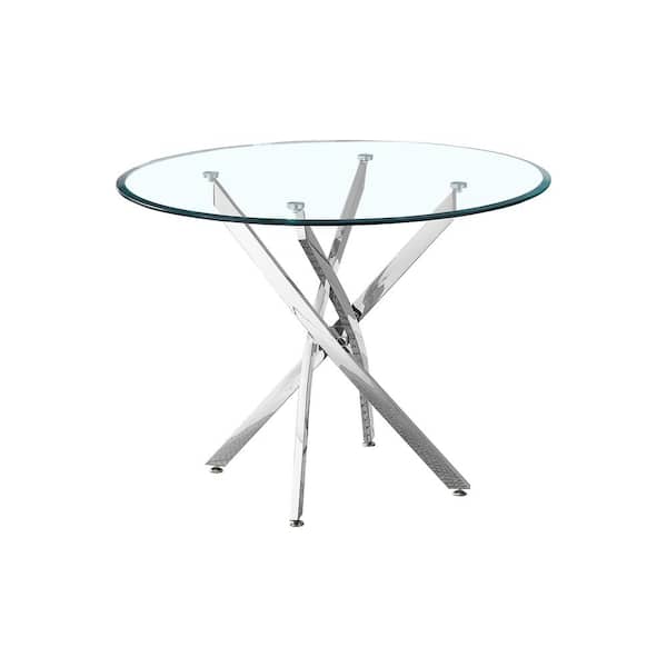 Clihome 39 in. Round Sliver Dining Table with 4-Chrome Leg Metal Base Frame and Clear Tempered Glass Top for Dining Room Kitchen