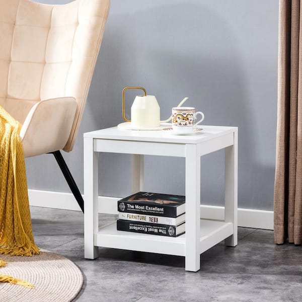 17.7 in White Square Side Table, Small Space End Table, Modern Night Stand  Side Table with Storage Shelve (2-Tier) GM-H-549 - The Home Depot