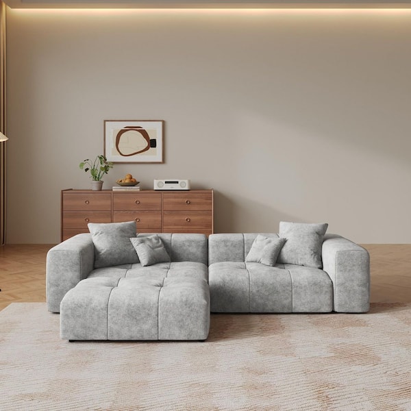 J&E Home 104.8 in. Square Arm 3-Piece Linen L-Shaped Sponge Tufted