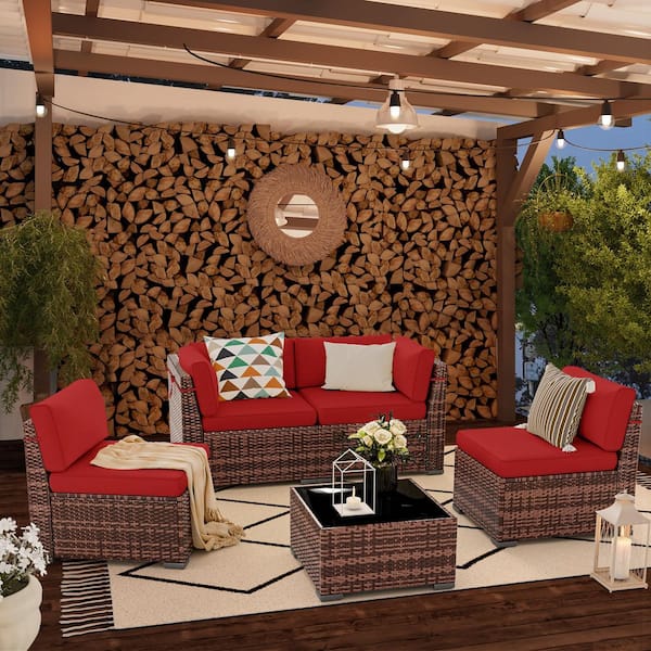 5-Piece Brown Wicker Patio Conversation Seating Set with Wine Red Cushions