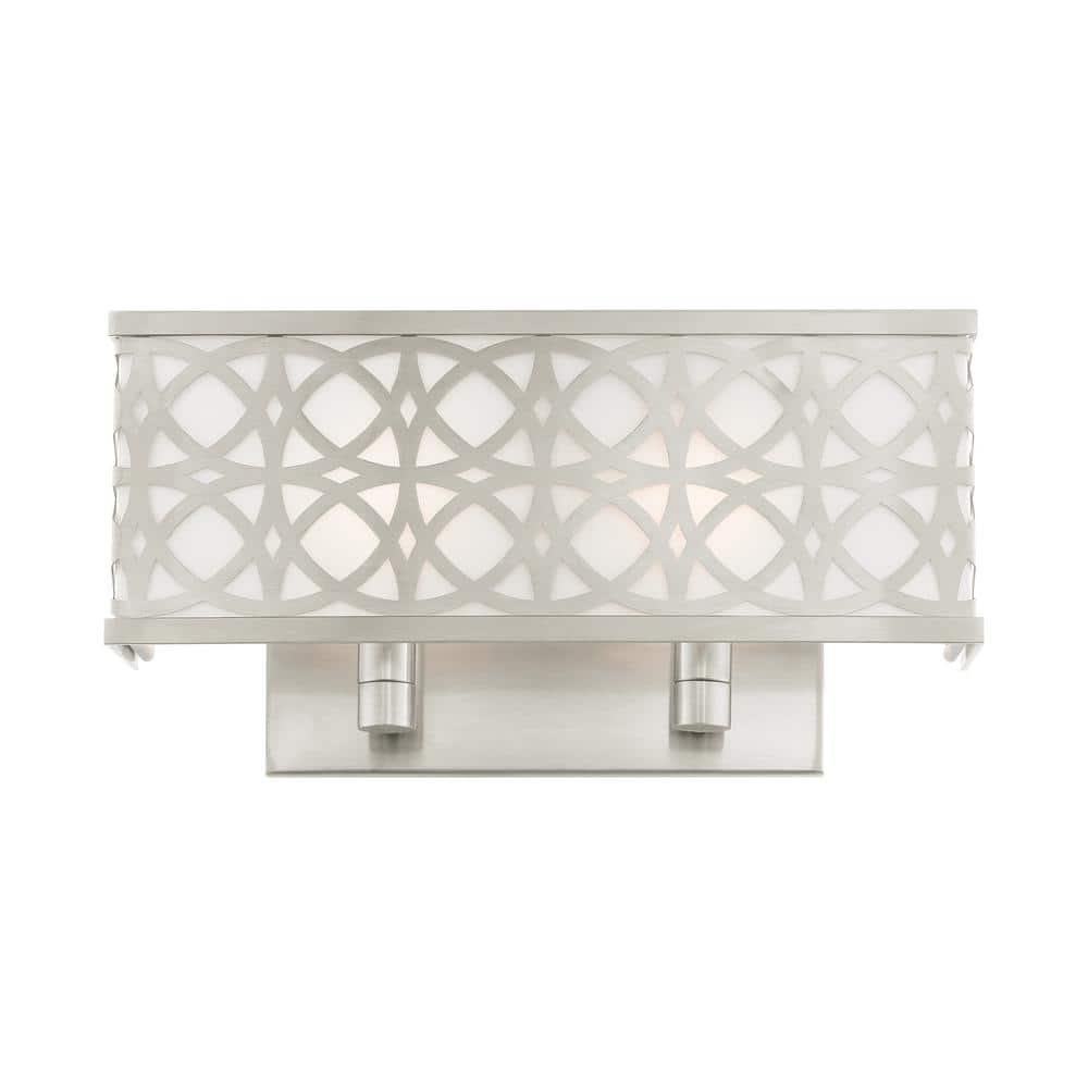 Brushed Nickel 2-Light Wall Sconce with Off-White Shade