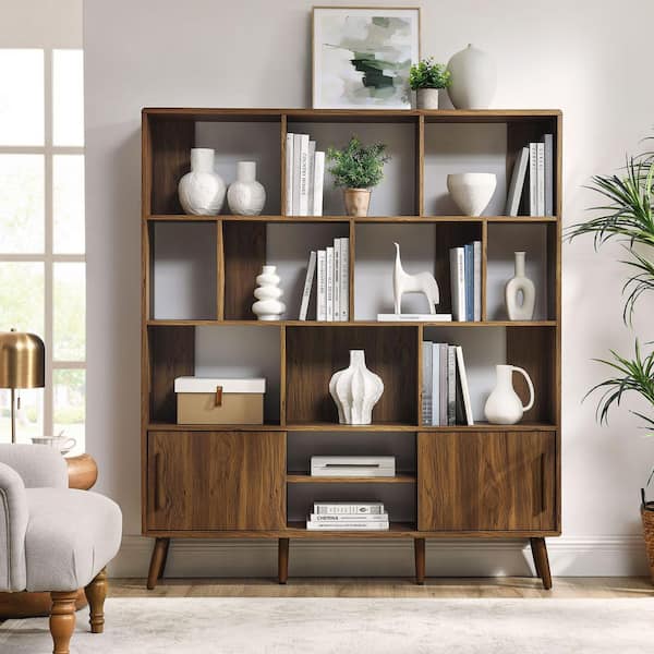 Transmit 67 in. Tall Walnut Wood 14-Shelf Bookcase with Sliding Doors