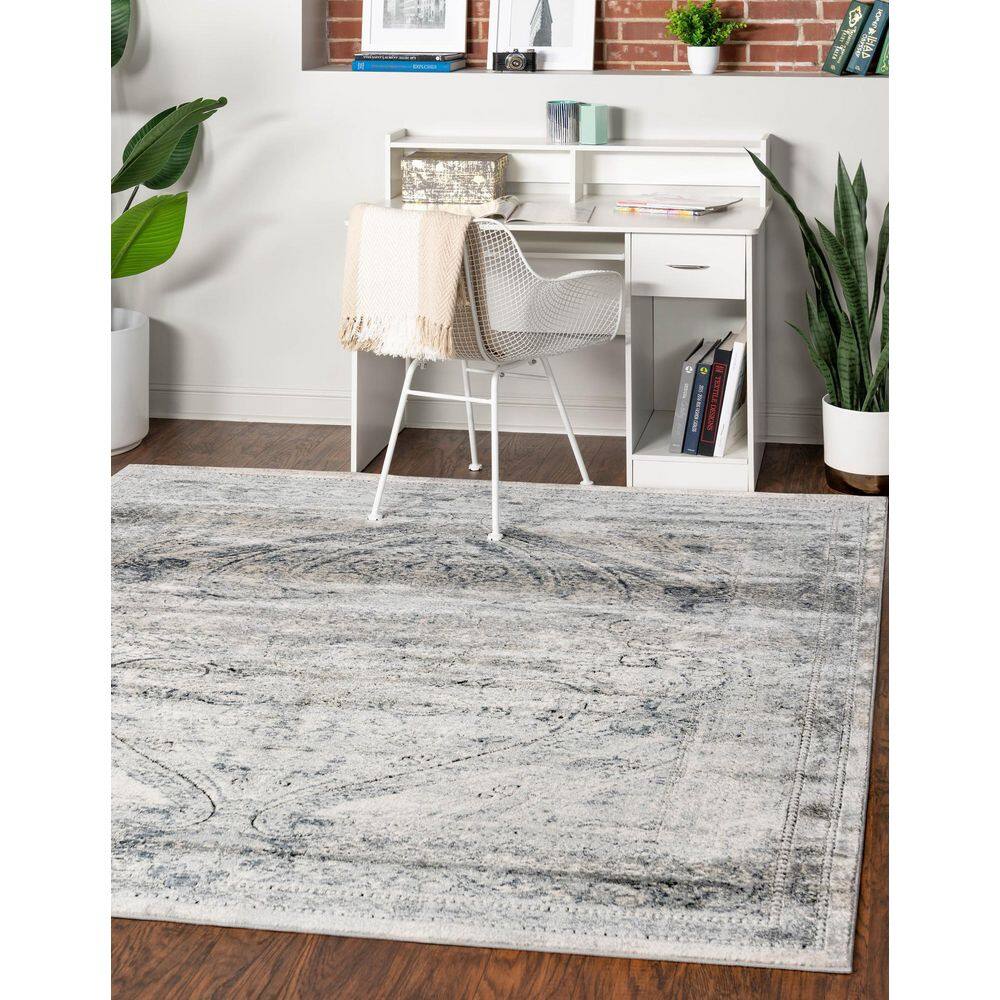 Vintage Navy Blue and Ivory Square Synthetic Rug 7' x 7'