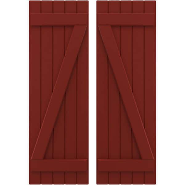 Ekena Millwork 17-1/2 in. W x 56 in. H Americraft 5 Board Exterior Real Wood Joined Board and Batten Shutters with Z-Bar Pepper Red