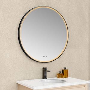 32 in. W x 32 in. H Round Aluminum Framed LED Light Wall Bathroom Vanity Mirror in Black