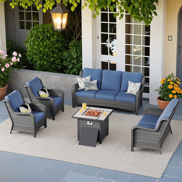 OVIOS Janus Gray 5-Piece Wicker Patio Fire Pit Conversation Seating Set with Denim Blue Cushions