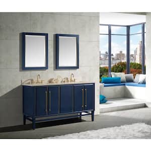 Mason 61 in. W x 22 in. D Bath Vanity in Navy Blue/Gold Trim with Marble Vanity Top in Crema Marfil with White Basins