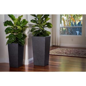 30 in. and 24. in Tall Lightweight Square Black Fiberstone/Clay Modern Nested Flower Pot (Set of 2), Modern Planters