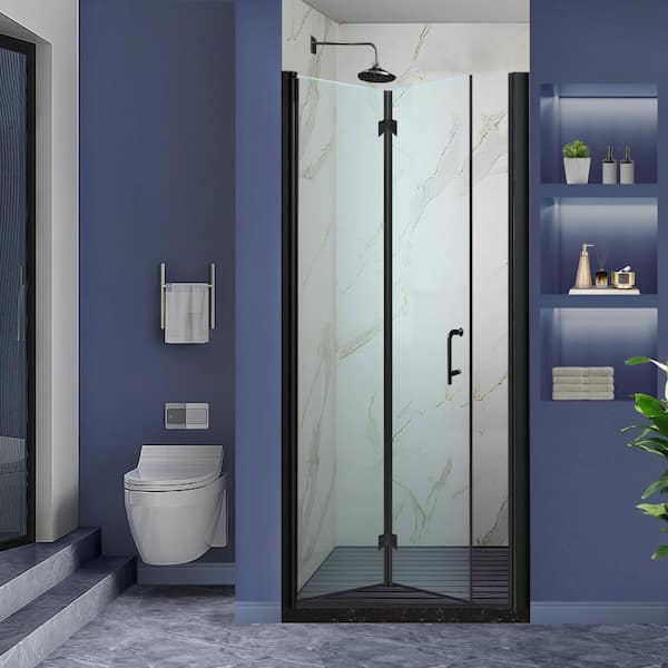 36-37.5 in. W x 72 in. H Bi-Fold Frameless Shower Door in Black with Clear  Glass