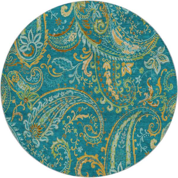 Dream Shag Premium Machine Washable Abstract ADS533 Teal 8 ft. x 8 ft. Round Rug