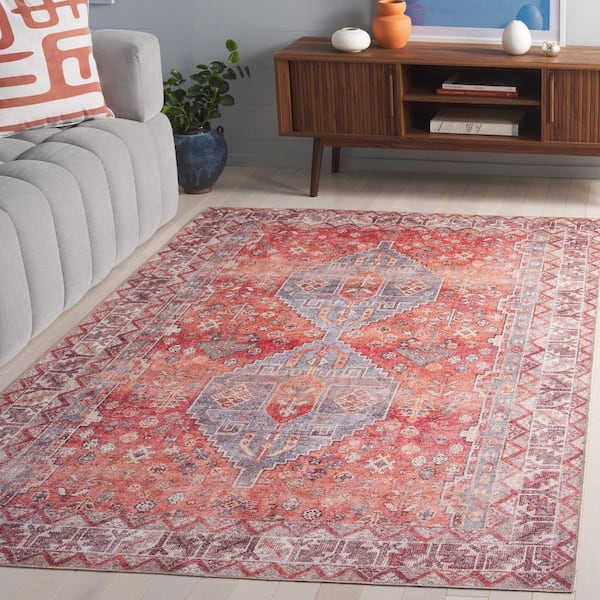 Vintage Serapi Red/Blue 6 ft. x 9 ft. Machine Washable Distressed Aztec Border Area Rug