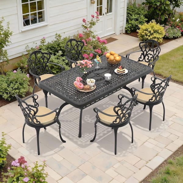 7-Piece Aluminum Patio Outdoor Dining Set with 6 Chairs, Rectangular Table, Umbrella Hole and Off-White Cushions