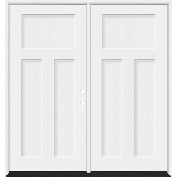 Steves & Sons Legacy 68 in. x 80 in. 3 Panel Craftsman LHIS Unfinished White Fiberglass Double Prehung Front Door 6-9/16 Jamb